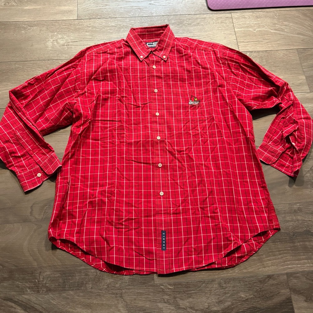 Crable Sportswear Men’s UofL Red Plaid Button-Down Shirt Large
